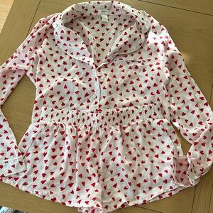 Forever 21 White and Red Heart Print Fabric